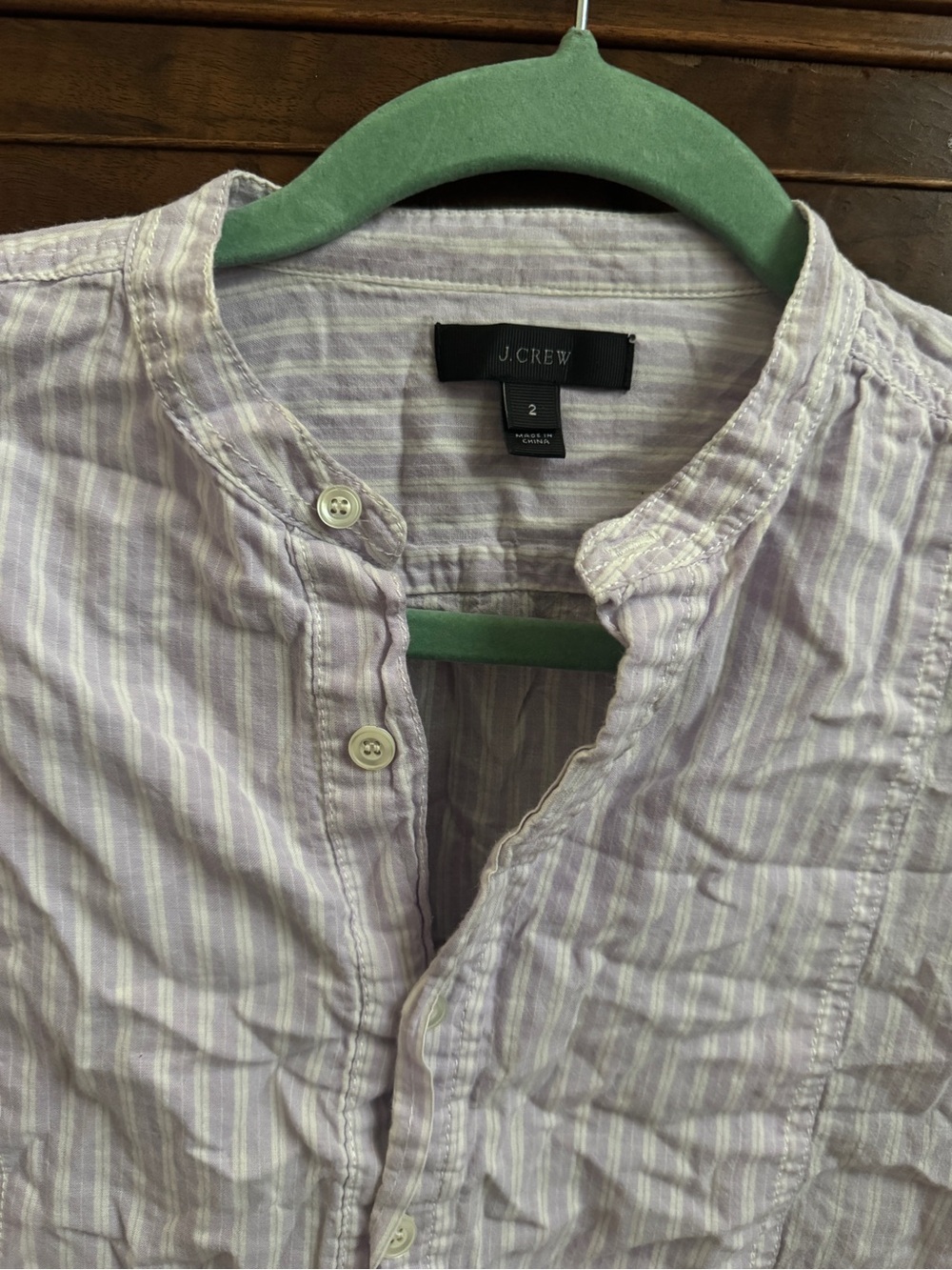 J. Crew Lavender and White Striped Band-Collar Button Top